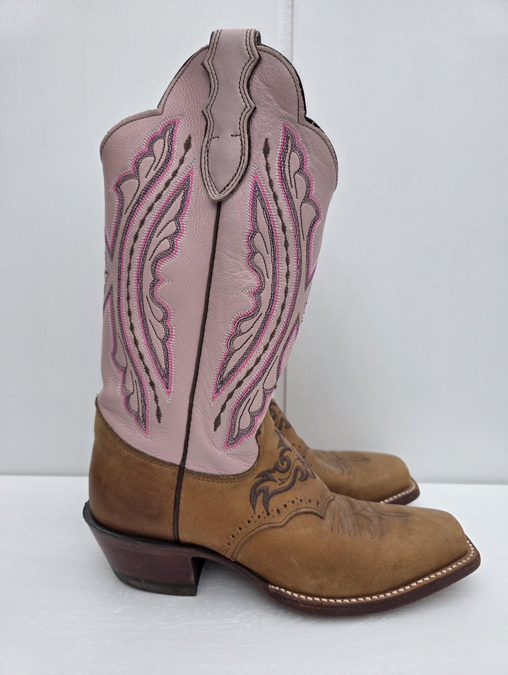 Justin L2667 Square Toe Pink Brown Leather Cowgirl Western Boots Size 6.5B